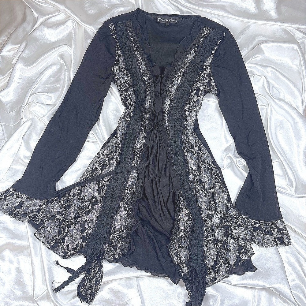 y2k Tunic Top Black Excellent Pretty Angel Silver Lace Up Ruffle Fairycore L